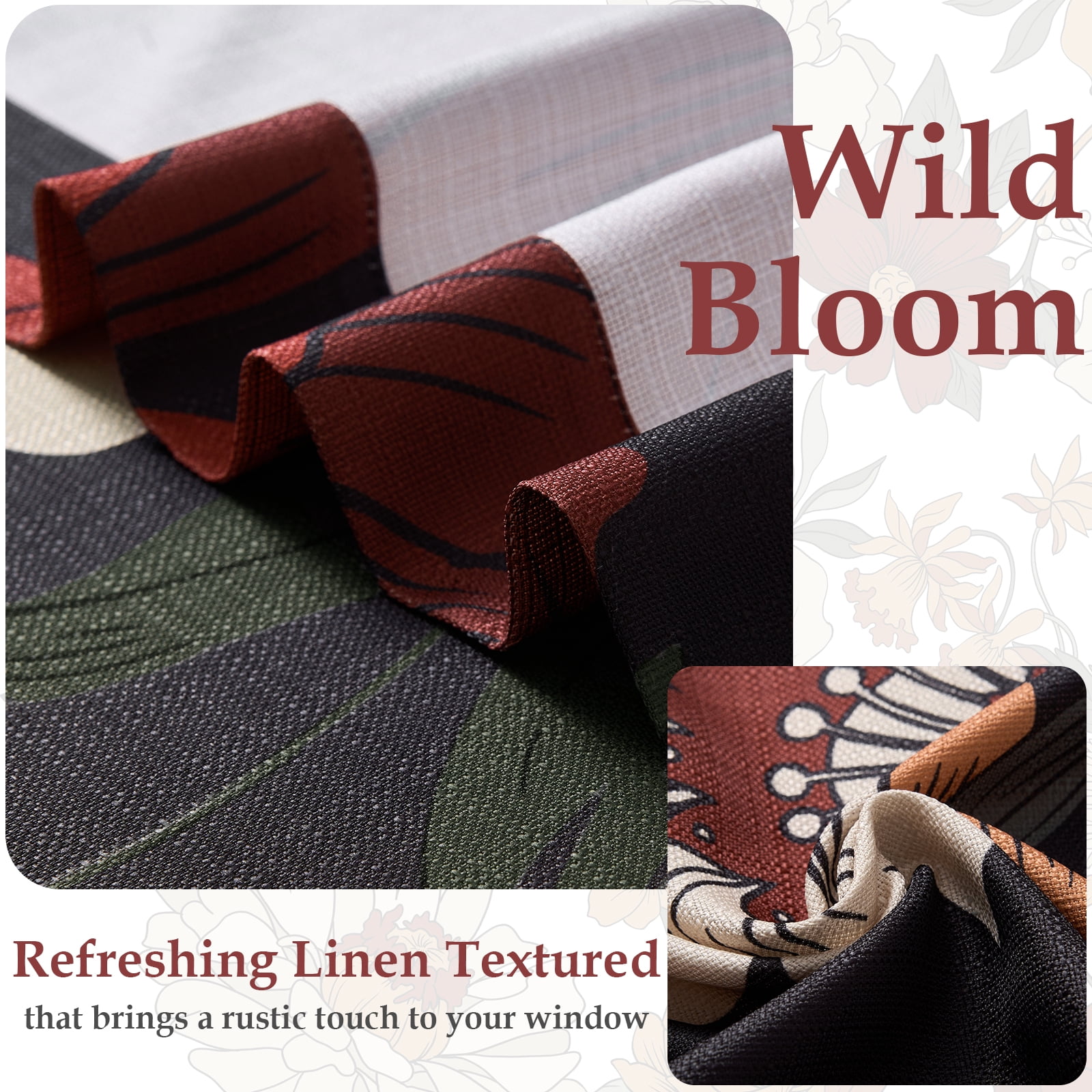 Curtainking Boho Floral Curtains for Bedroom Black Farmhouse Drapes for Living Room Vintage Flower Printed Curtains 2 Panel Set with Grommet Top 52 Inch Wide x 84 Inch Long