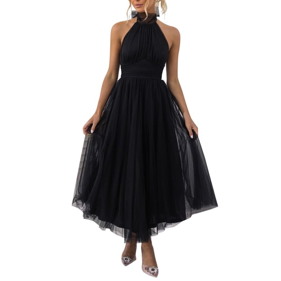 XIAOCHA Womens Halter Tulle Ruched Waist Midi Dress Fitted Solid Color Sleeveless Gown Flowy Elegant Party Dresses