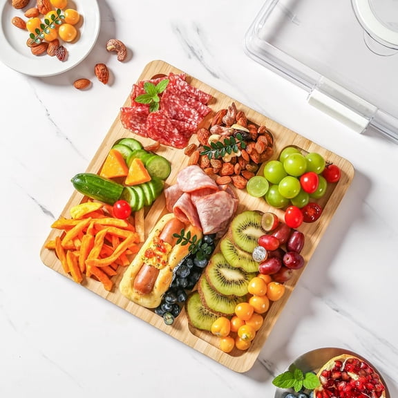 Charcuterie Board with Clear Locking Lid and Handle, Bamboo Cheese Board Snackle Box, Portable Cutting Board for Snacks, Fruits&Meats