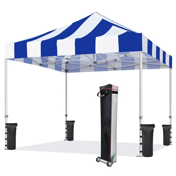 Eurmax 10x10 Ez Pop Up Canopy Tent Commercial Instant Canopies with Heavy Duty Roller Bag,Bonus 4 Weight Sandbags(Stripe Blue)