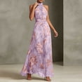 thumbnail image 2 of Women's Floral Halter Maxi Dress Fall Boho Print Wedding Guest Dress Flowy Chiffon Long Dress for Evening Party Vacation, 2 of 5