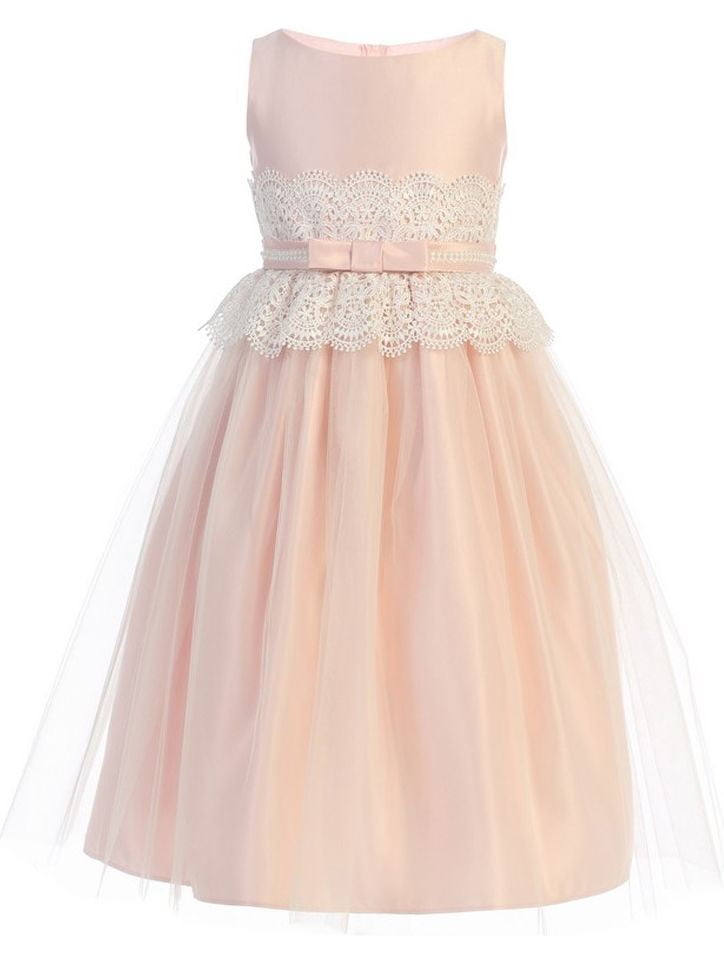 Girls Pink Wide Lace Satin Tulle Pearl Easter Dress - Walmart.com