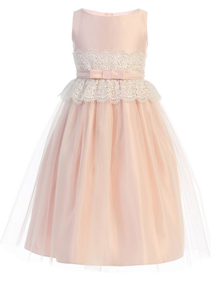 Girls Pink Wide Lace Satin Tulle Pearl Easter Dress