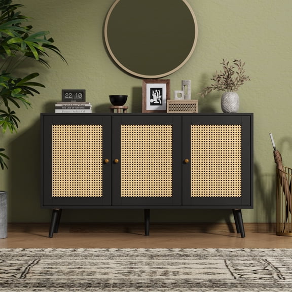 Buffet Cabinet with Storage, 47.2" Rattan Sideboard with Adjustable Shelves, Modern Coffee Bar Credenza for Kitchen, Living Room, Entryway, Dining Room