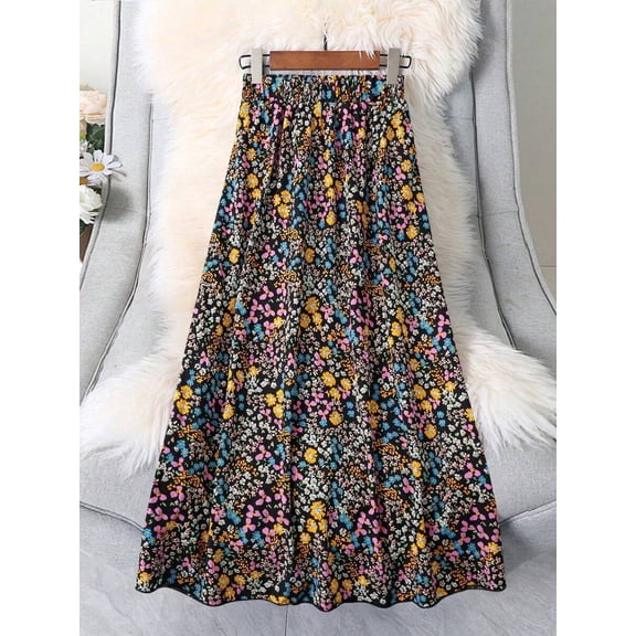 Plus Size Ditsy Floral A-Line Skirt In Style, Vintage Print, Vacation Ready