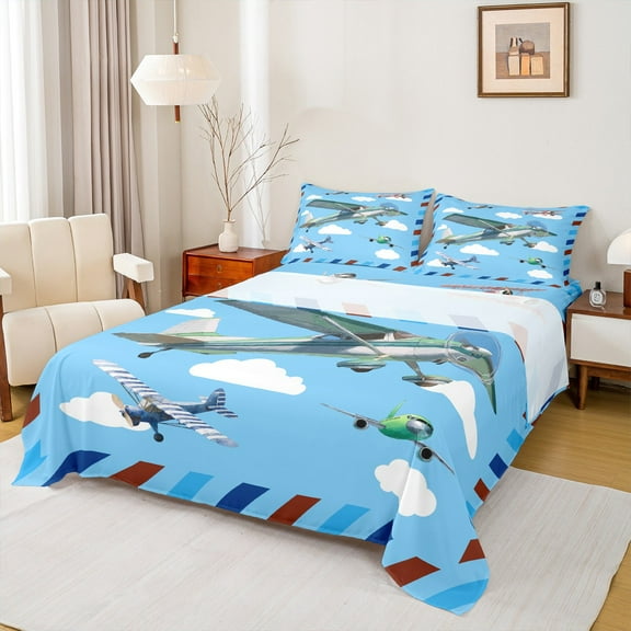 Homewish Cartoon Aircraft Airplane Twin Sheet Sets,Watercolor Graffiti Twin Fitted Sheet,Geometric Striped Lines Flat Sheet For Boys Kids,Breathable Home Decor,3 Pieces