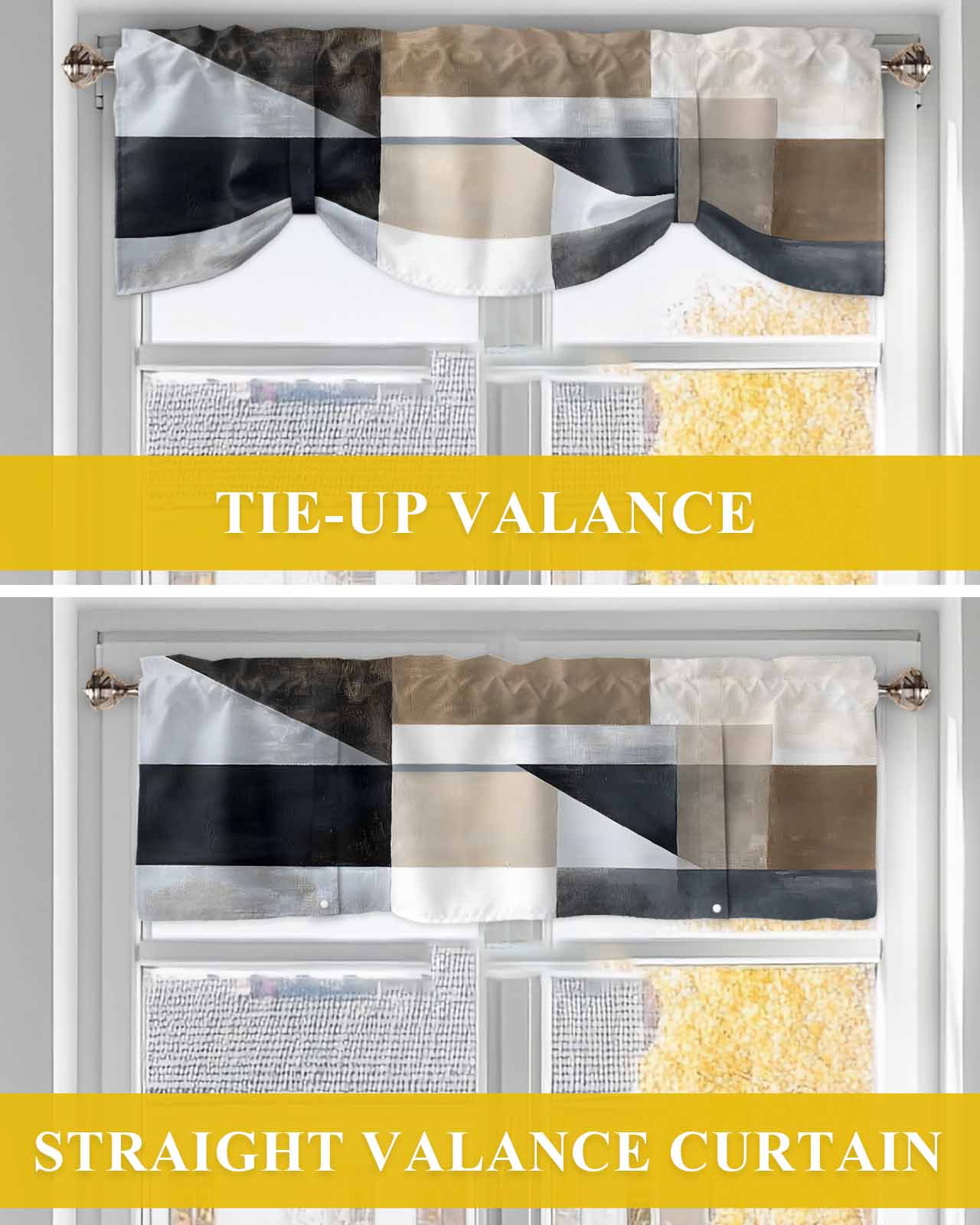 Abstract Black Brown White Tie Up Valances Curtain, Modern Art Brown Grey Kitchen Valances for Windows Decor, Rod Pocket Short Curtains Set for Bedroom/Bathroom, 60"x18"