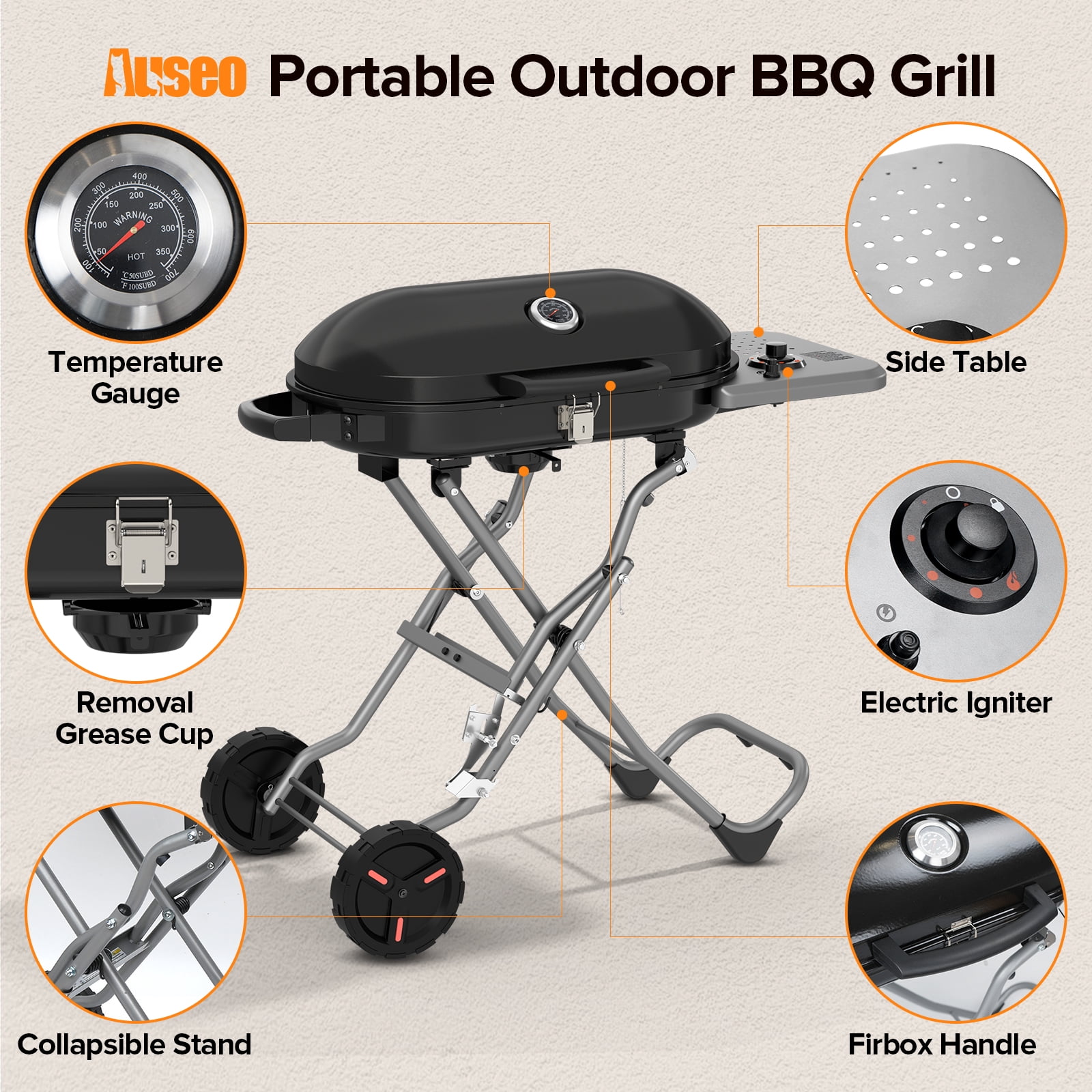 LHRIVER Portable 348 sq.in Stand-Up Propane Grill, 15000 BTU Folding Gas Grill Cart with Side Table & 2 Wheels for Camping, Patio