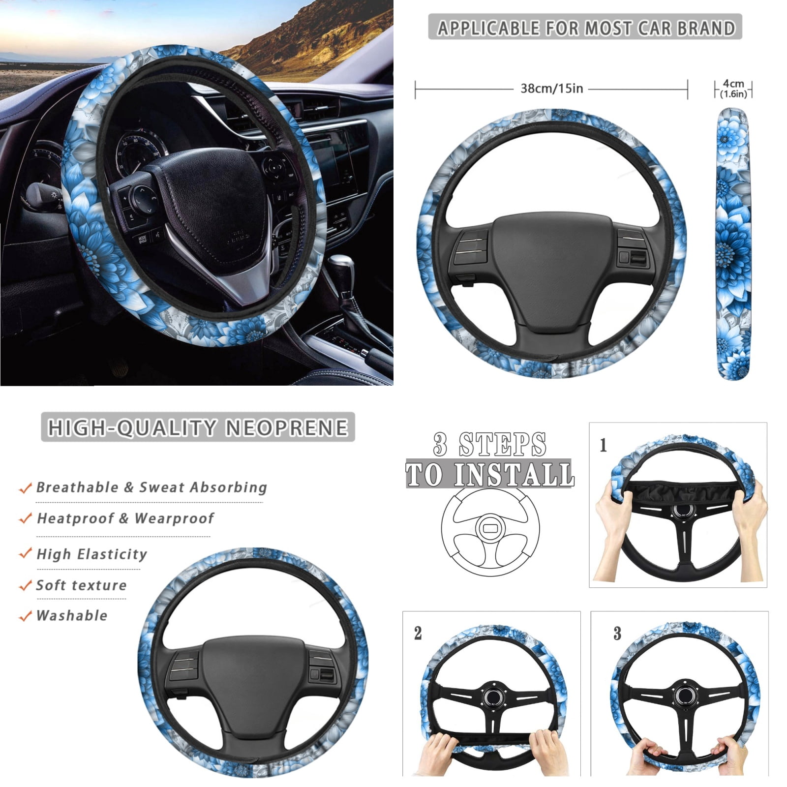 Yuyamidu Blue Dalia Car Seat Cover Set of 14 Boho Steering Wheel Cover Seat Belt Pads Waste Basket Bin Rearview Mirror Cover Cup Holder Center Console Cover Handbrake Cover Gear Shift Cover