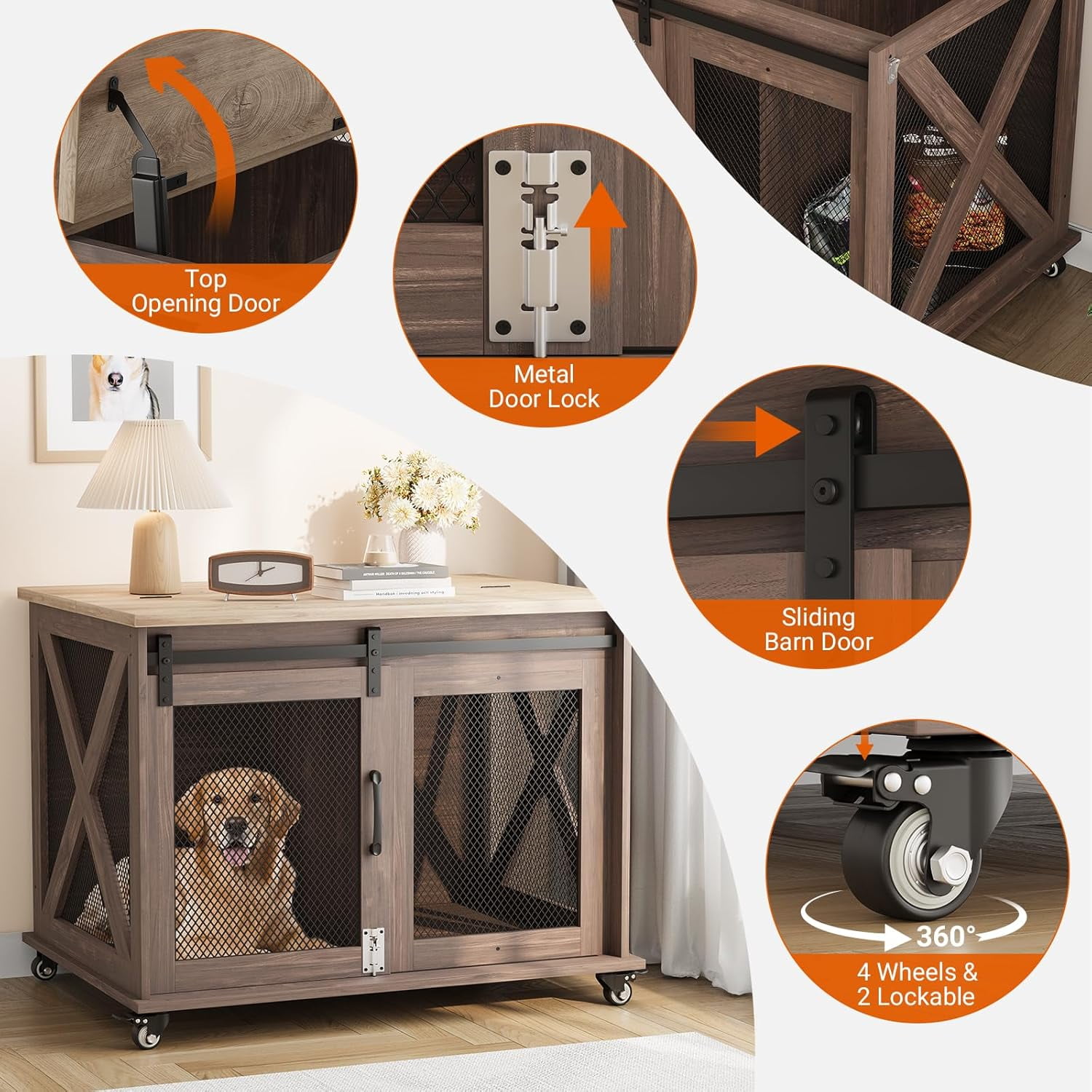 M optimized Dog Crate Furniture with Sliding Barn Door, Flip Top Dog Crate End Table with Wheels, Indoor Dog Kennel Furniture with Removable Divider, Dog House