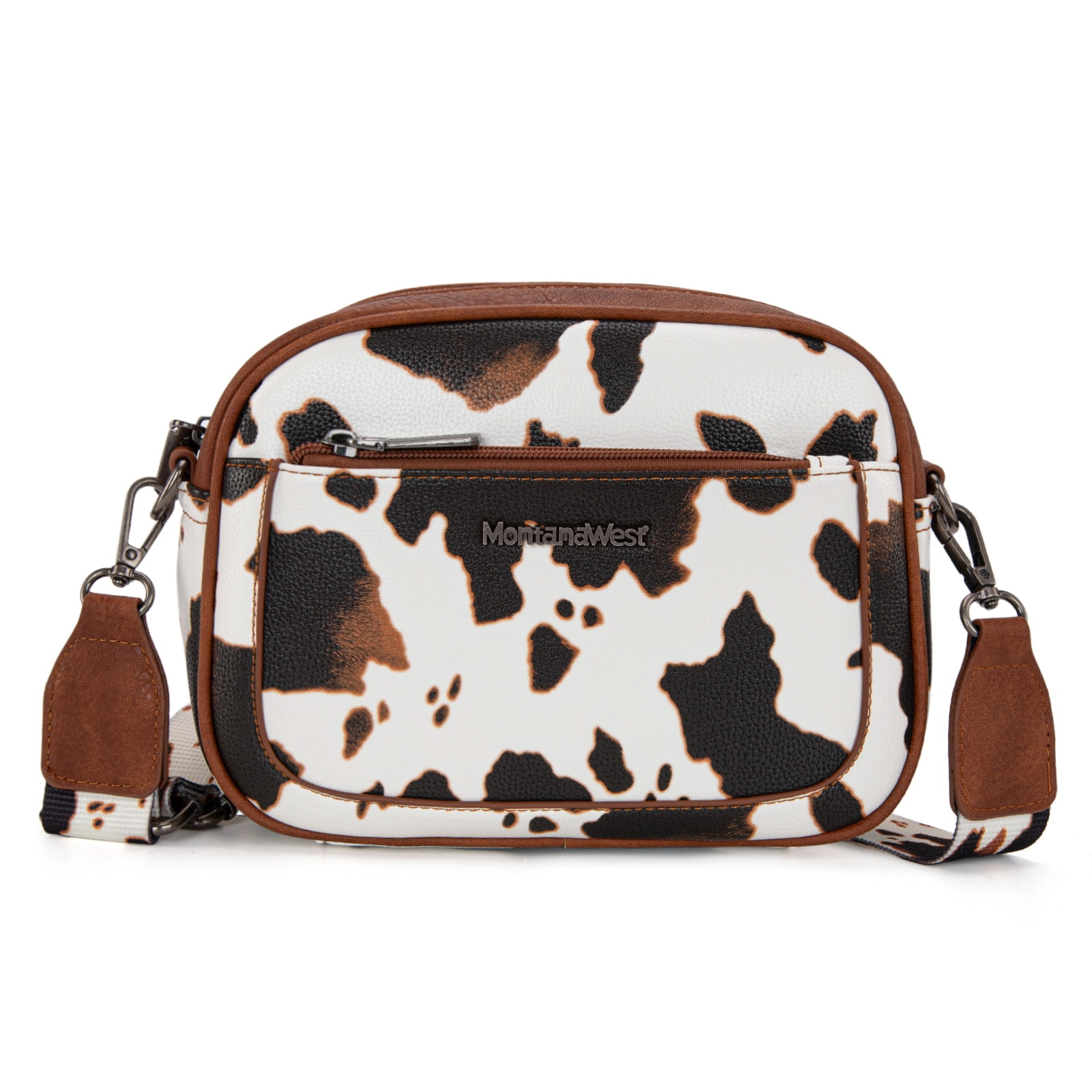 Montana West Small Crossbody Bags for Women Cow Print Purse Triple Zip Shoulder Handbags with Wide Strap, Cow-Brown