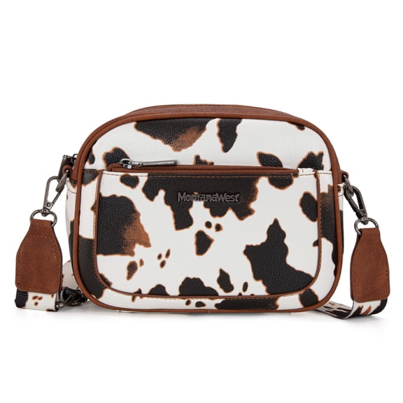 Montana West Small Crossbody Bags for Women Cow Print Purse Triple Zip Shoulder Handbags with Wide Strap