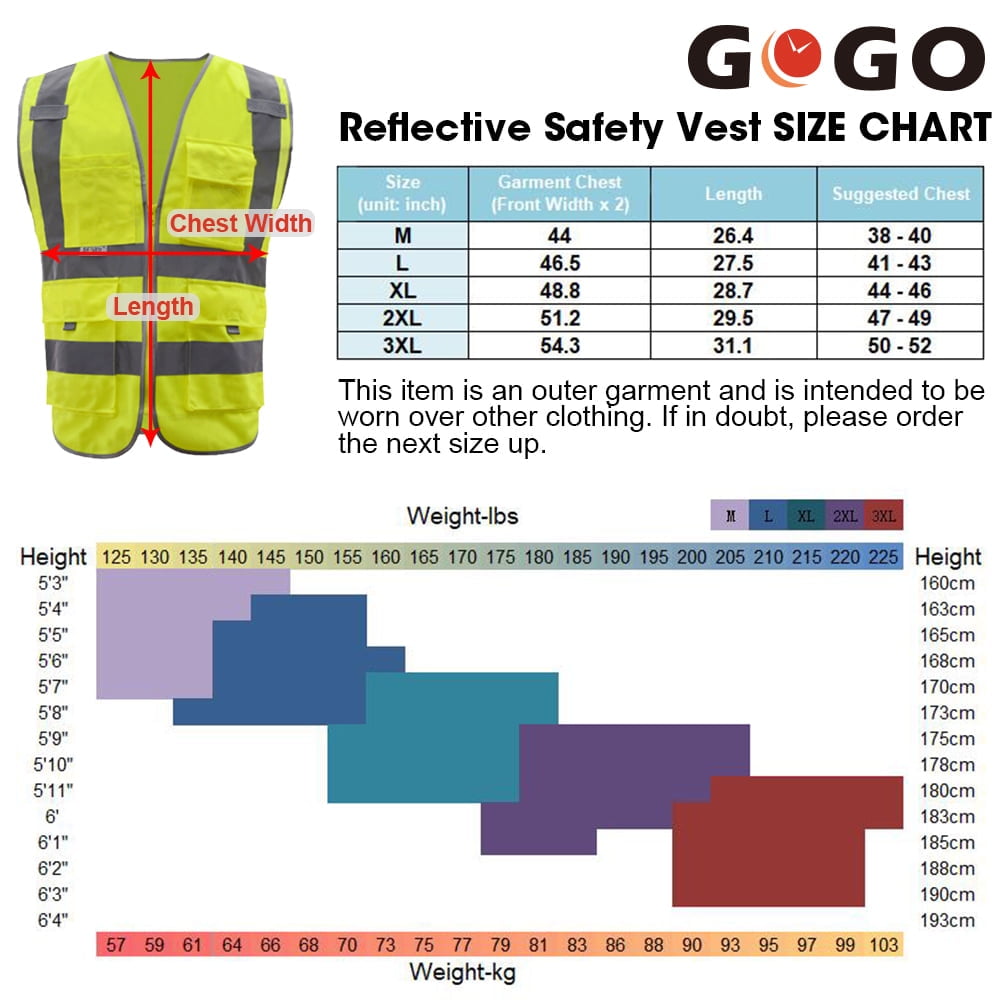 GOGO 9 Pockets High Visibility Zipper Front Safety Vest With Reflective Strips, Meets ANSI Standards