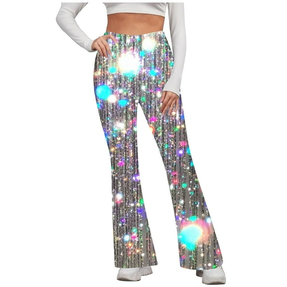 Hvot&aat Womens Trendy Sequin Flare Pants Sparkly High Waisted Half Tights Bell Bottom Trousers Night Out Club Wear