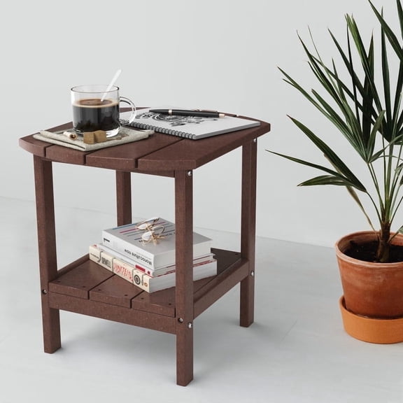 2-Tier Outdoor HDPE Adirondack Side Table, All-Weather Square/Round Coffee Table for Patio, Balcony, Backyard, or Poolside (Brown)