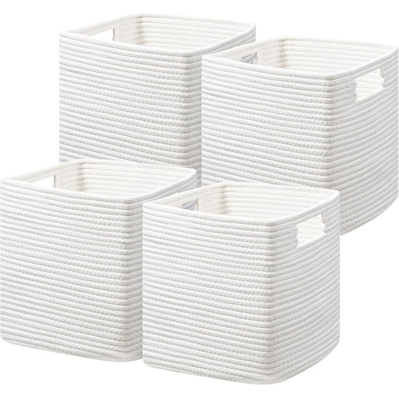 Storage Cubes 11 Inch, Cotton Rope Woven Baskets for Organizing, Cube Storage Bin for Baby Nursery, 4-Pack Square Toy Storage Baskets for Shleves Organizer, Closet, Kidsroom, White