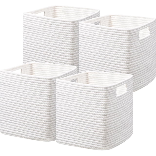Set of 3 Cotton Rope Basket 13 X 13 X 13 Inches, Woven Storage Baskets for Shelves, Organizing with Handles, Cube Storage Bins for Storage Books, Magazines, Beige