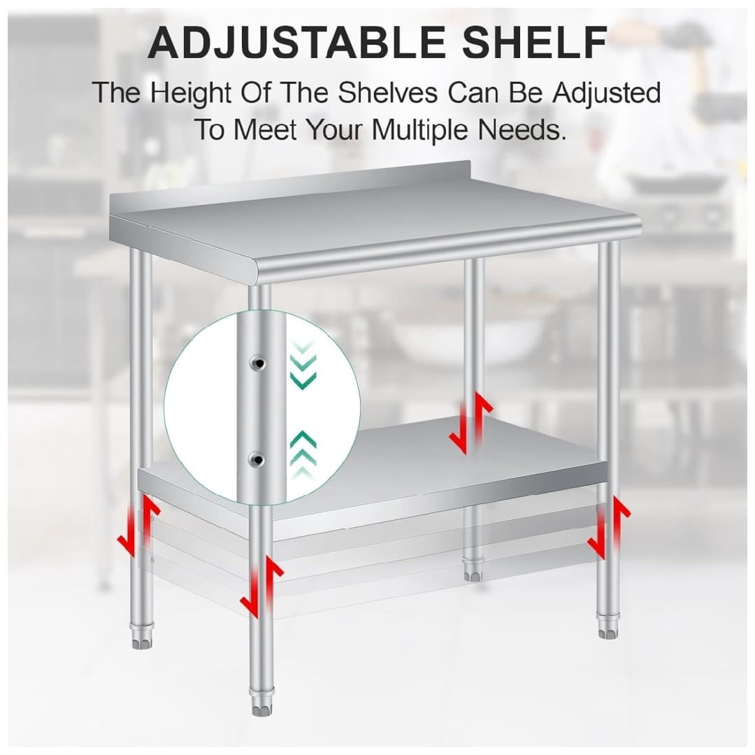 EastVita 36x24 Inches Stainless Steel Prep Table with Backsplash Commercial Heavy Duty Work Table Adjustable Under Shelf for Kitchen Restaurant Business