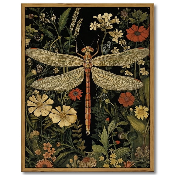Drsoum Vintage Dragonflies and Flowers Canvas Prints Home Decor Painting Picture Bedroom Wall Art Bathroom Living room 11x14in Brown Framed