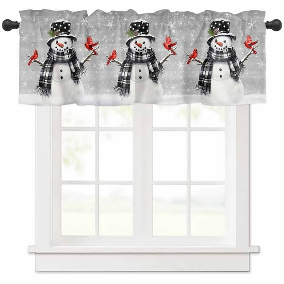 Curtain Valance for Windows Merry Christmas Snowman Cardinal on Grey Kitchen Valances Rod Pocket Short Curtains,Winter Falling Snow Window Treatment Panel for Living Room Bathroom Bedroom 54x18in