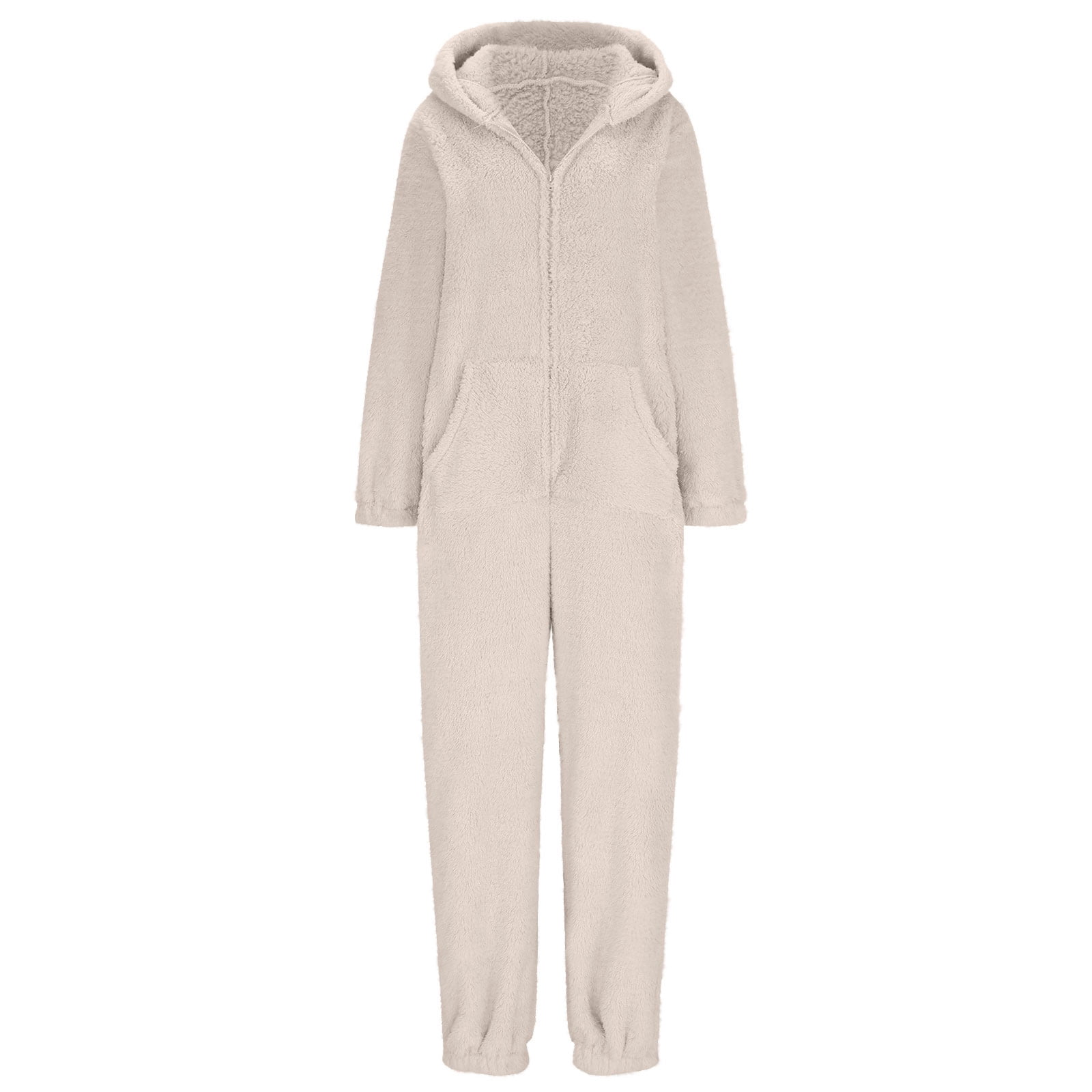 Xdegoge Fleece Jumpsuit Women Fuzzy One Piece Romper Zipper Long Sleeve Teddy Ears Jumpsuits Winter Warm Lounge Pajamas Loungewear with Pockets