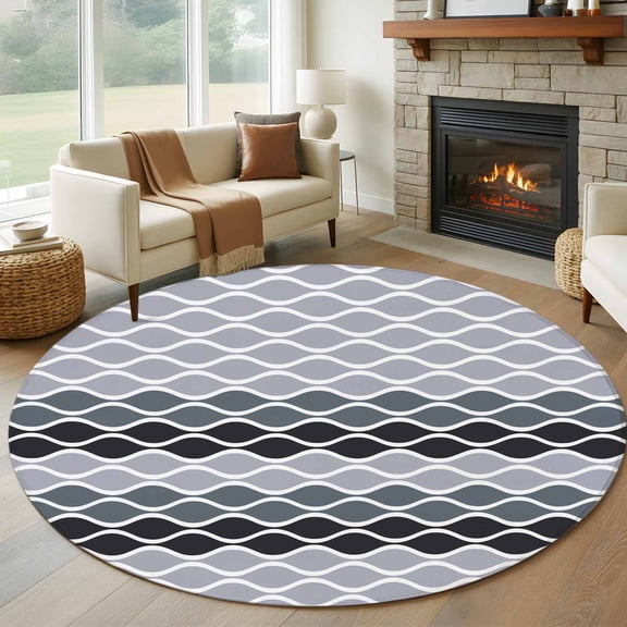 Ombre Grey Round Area Rug 7Ft Washable Circle Rugs for Dorm Laundry Room, Modern Abstract Waves Morocco Striped Non-Slip Carpet Floor Mats Indoor Outdoor Carpet Runner Aesthetic Home Decor