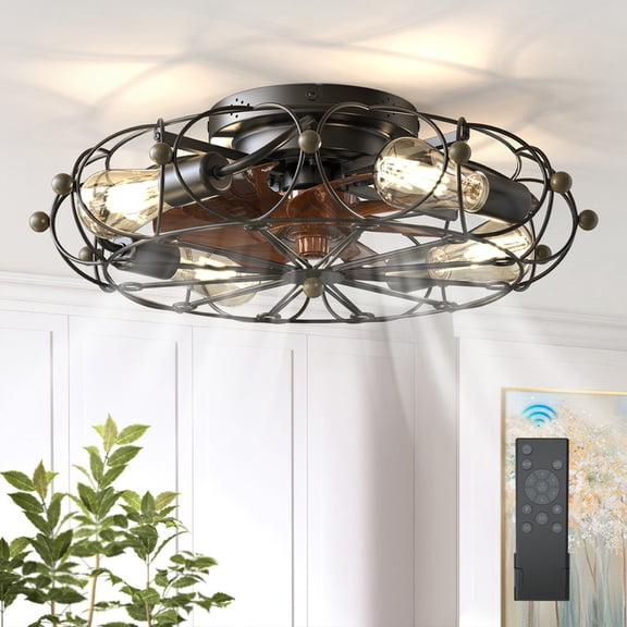 GCGAFUL 19.7" Caged Ceiling Fan with Light and Remote, Farmhouse Flush Mount Ceiling Fan Light with 6 Speeds, Reversible, for Living Room Bedroom