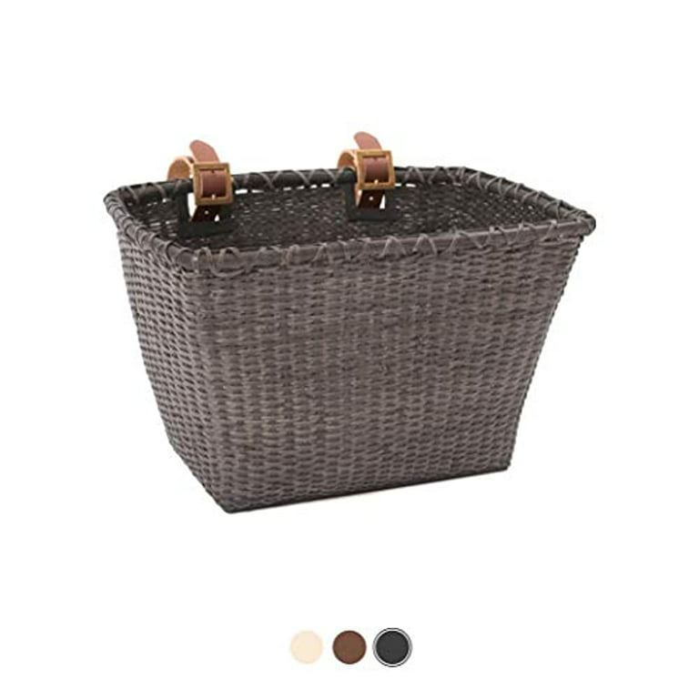 Retrospec Bicycle Cane Woven Rectangular Toto Basket with Authentic Leather Straps & Brass Buckles, Black