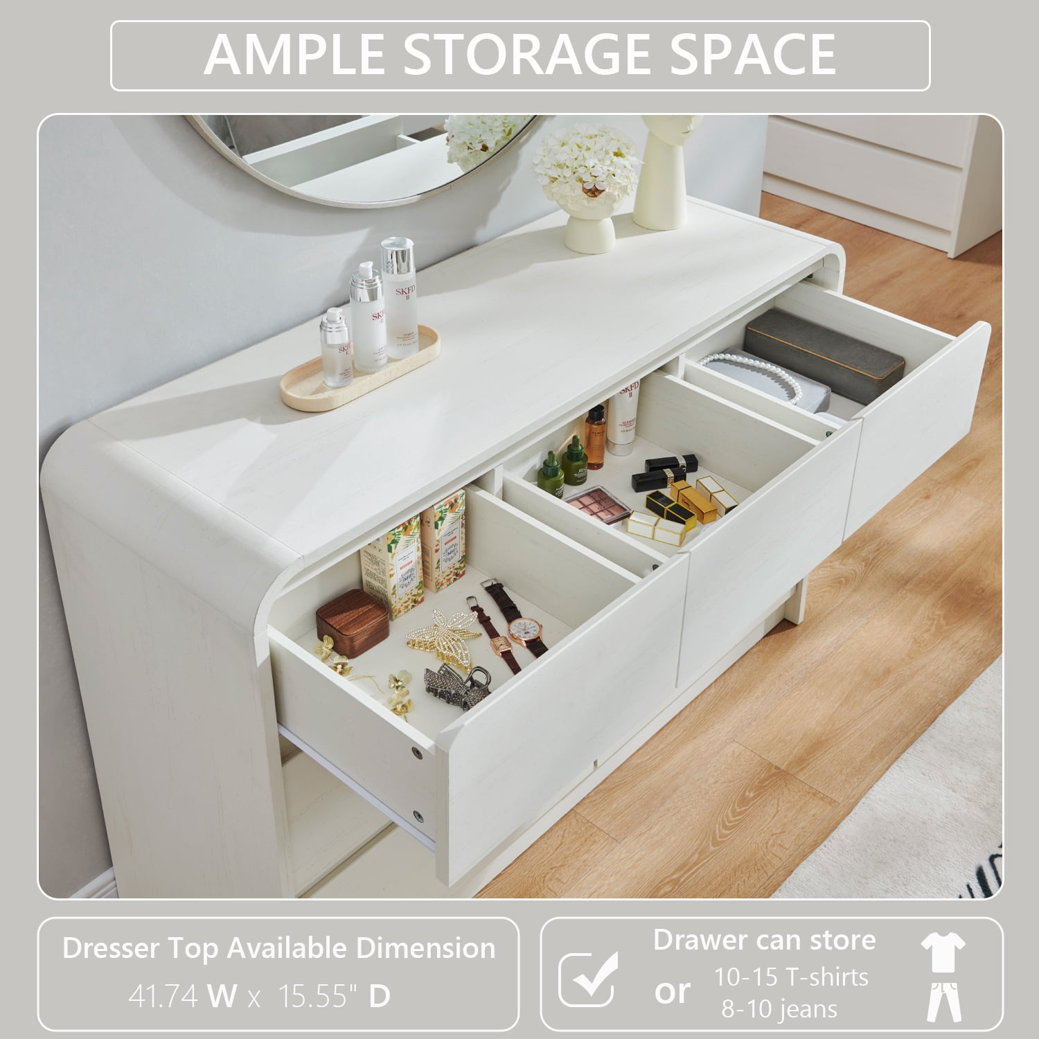 wow97e Modern 7 Drawers Dresser for Bedroom, Mid Century Chests of Drawers w/Curved Profile Design, 47" Wide