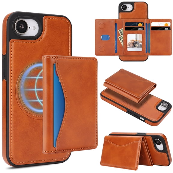 for iPhone 16e Wallet Case, Magnetic Phone Cover with Detachable Card Holder, RFID Blocking 2-in-1 Purse Shockproof PU Leather Case with Flip Kickstand for iPhone 16e, Lightbrown
