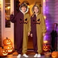 thumbnail image 2 of CUZIBR Kids Halloween Onesie Pajamas Girls Boys Hooded Plush Pumpkin Pajama Patchwork Zip Up Long Sleeve Jumpsuit Loungewear Cozy Sleepwear,Brick Red,9-10 Years, 2 of 4