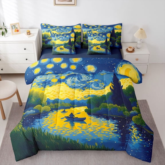 Homewish Vintage Oil Painting 7-Piece Twin Bedding,Spiral Clouds Stars Bedding Comforter Set,Navy Blue Reversible