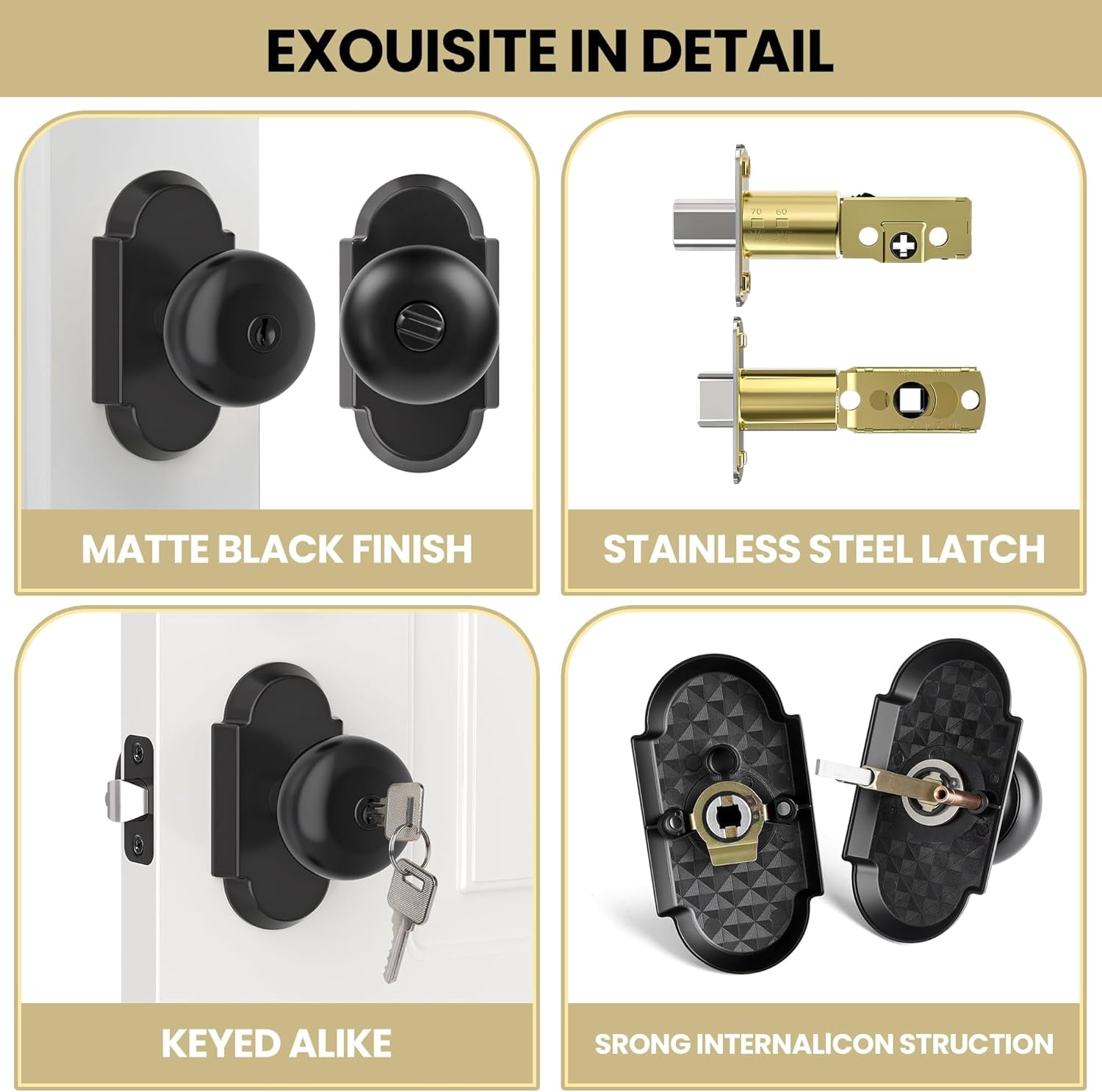 Keyed Alike Entry Door Knobs with Lock and Key, Antique Brass Door Knob Interior Entrance Door Lockset for for Front Door and Bedroom