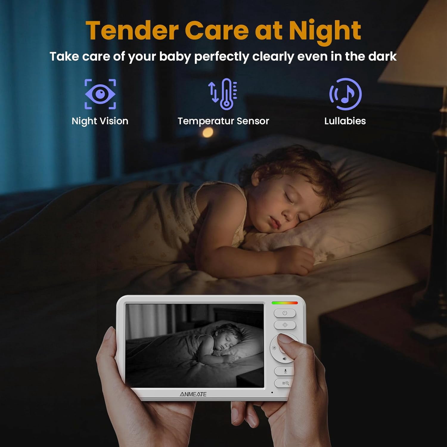 6 Inch Baby Monitor with Camera and Audio - No WiFi, 48-Hour Battery, Thermal Sensor, Remote Pan/Tilt/Zoom, Two-Way Talk, Lullabies&White Noise, 1000ft Range