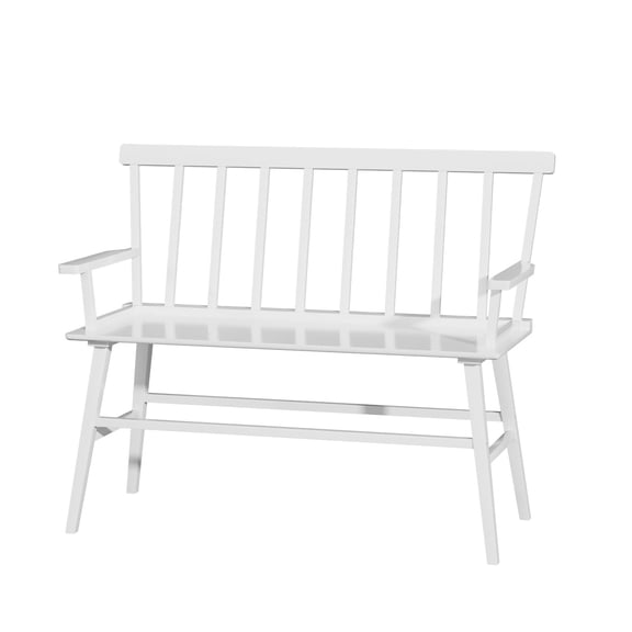 White Wooden Bench With Spindle Back And Armrests, Farmhouse Style Indoor Seating