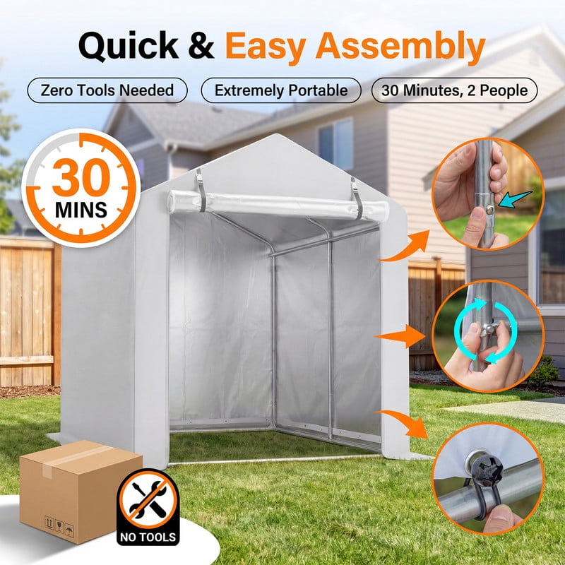 Vineego 6x8 Ft Outdoor Bike Storage Shelter, Waterproof UV Resistant Garage Tent with Zipper Roll-Up Door, Galvanized Rustproof Frame, White