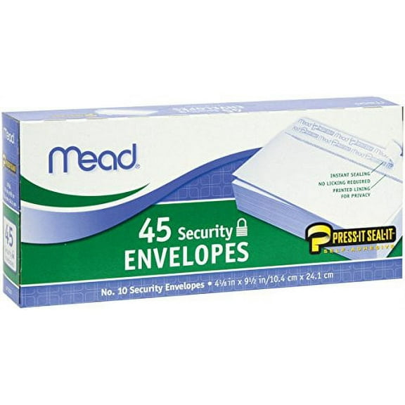 Mead Press-it Seal-it No.10 Security Envelopes, 4.125 x 9.5-Inches, White, 45 Count, Pack of 2 (90 Count In Total)( 75026)