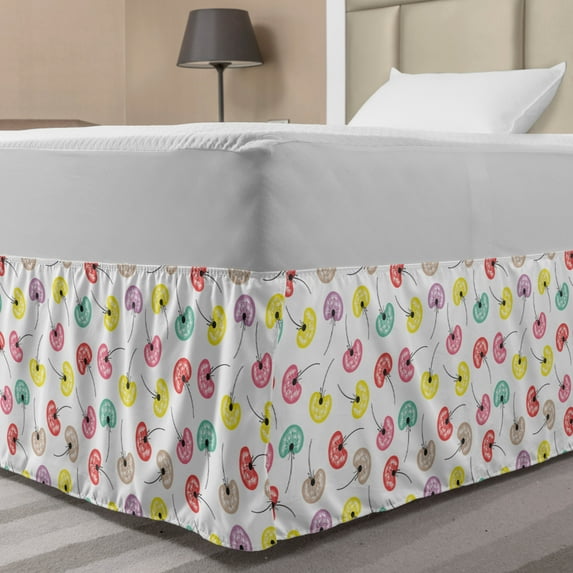 Dandelion Bed Skirt, Continuous Pattern of Abstract Colorful Floral Seeds Fun Summer Feels, Elastic Bedskirt Dust Ruffle Wrap Around for Bedding Decor, 4 Sizes, White and Multicolor, by Ambesonne