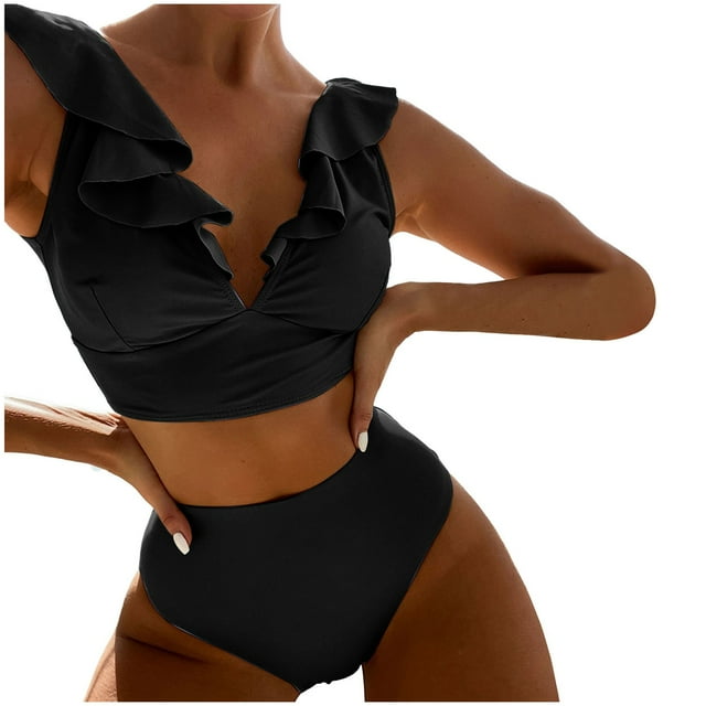 WEAIXIMIUNG Swimsuit Cover Up Skirt Short New Multicolor Ruffled V Neck Split Swimsuit High Waist Split Bikini Women's S