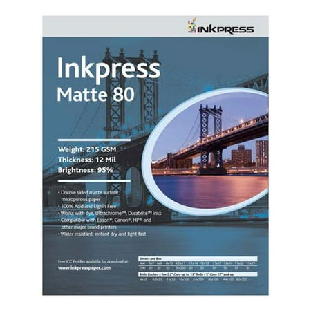 - Inkpress Duo Matte 80 Inkjet Paper, 215 gsm Weight, 12 mil Thickness, 95% Brightness, Double Sided, 17x25