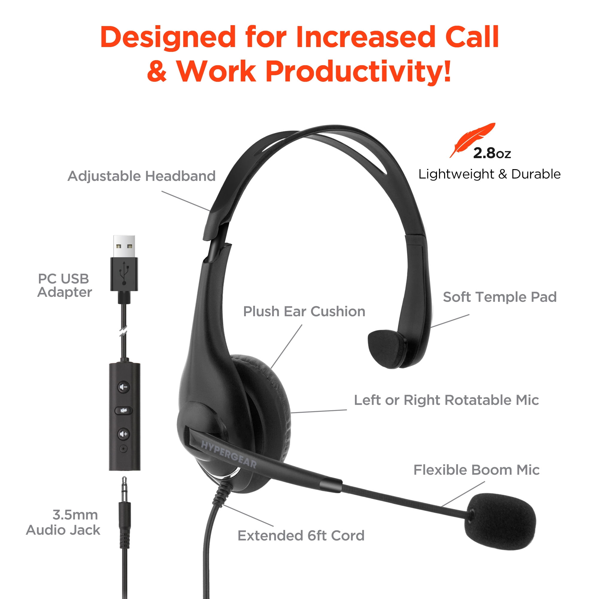 HyperGear V100 Office Professional Wired Headset, Black