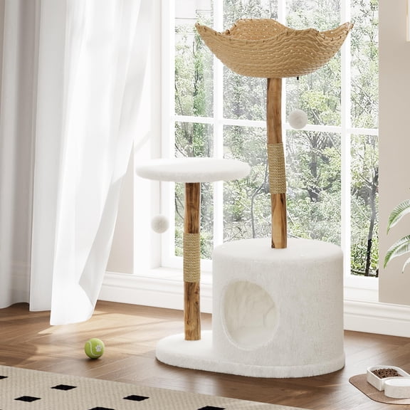 Modern Cat Tree Tower, Natural Solid Wood & Rattan Design with Woven Basket & Condo, Multi-Level Cat Activity Center for Indoor Cats-A
