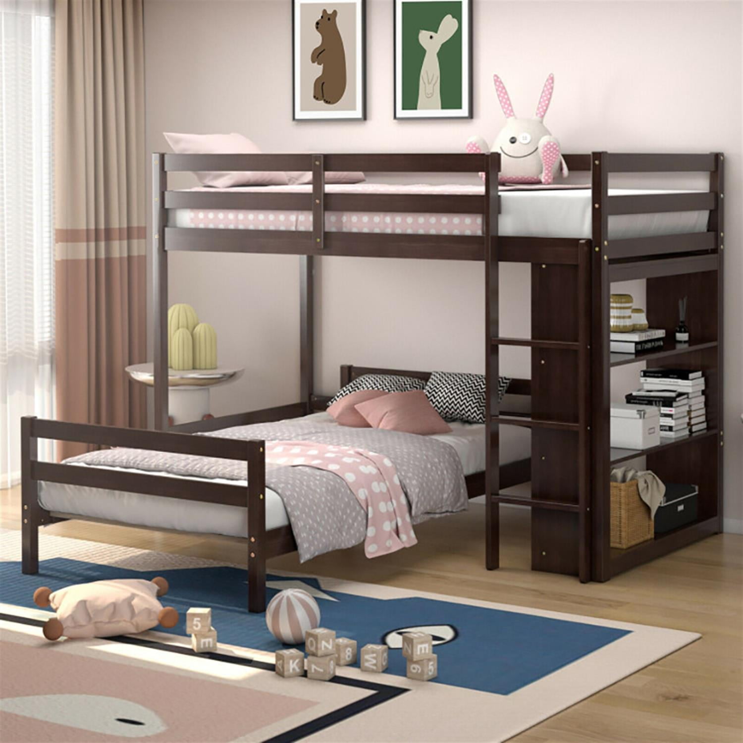 Demi Bonn Twin Over Twin Loft Bunk Bed with Bookcase, Space-saving Solid Wood House Bed Frame, Brown
