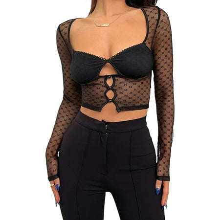

Women Lace Crop Tops Padded Bras Bustier Top Long Sleeve T Shirt Sheer Y2K Tops