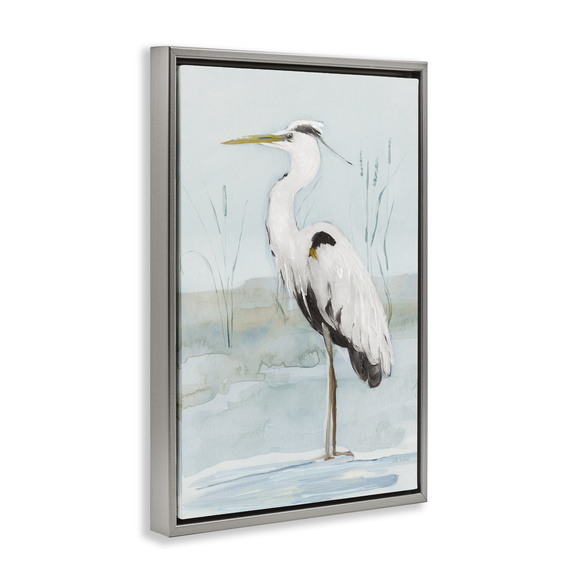 Stupell Industries Standing White Egret Animals Painting Gray Floater Framed Canvas Art Print Wall Art, 17 x 25