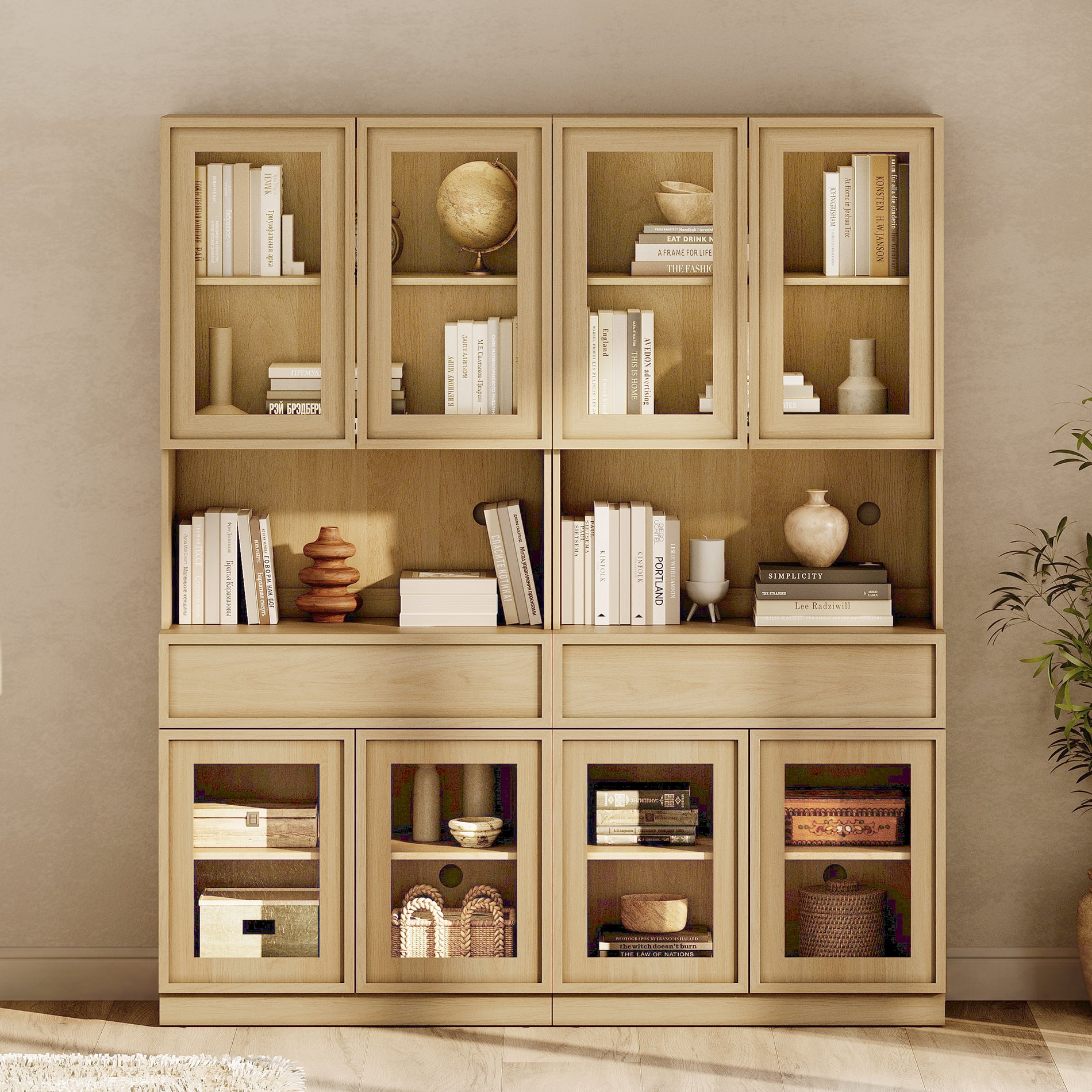 Modern 72" Tall Bookshelf with Glass Doors, Drawers & Adjustable Shelves,Storage Cabinet and Glass Display Shelves,Oak