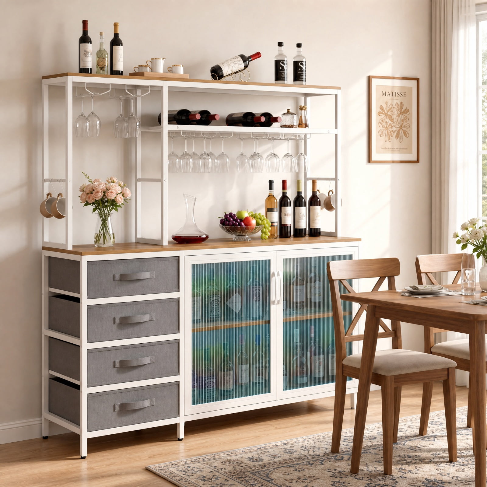 Furnibear Sideboard Buffet Cabinet with LED Lights 55 inch Coffee Table with Power Outlets for Kitchen Dining Living Room Buffet Storage, Natural