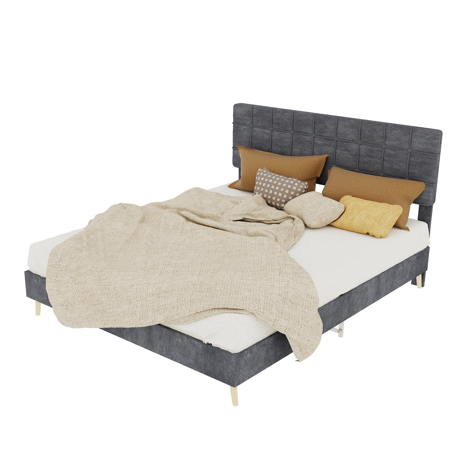 Leumius Queen Size Upholstered Platform Bed Frame with Tufted Headboard and Ergonomic Padding,Gray