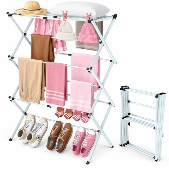 Fenbeli 3-Tier Clothes Drying Rack, White Foldable Steel Laundry Stand with 11 Drying Rods, Space-Saving Design for Indoor and Outdoor Use