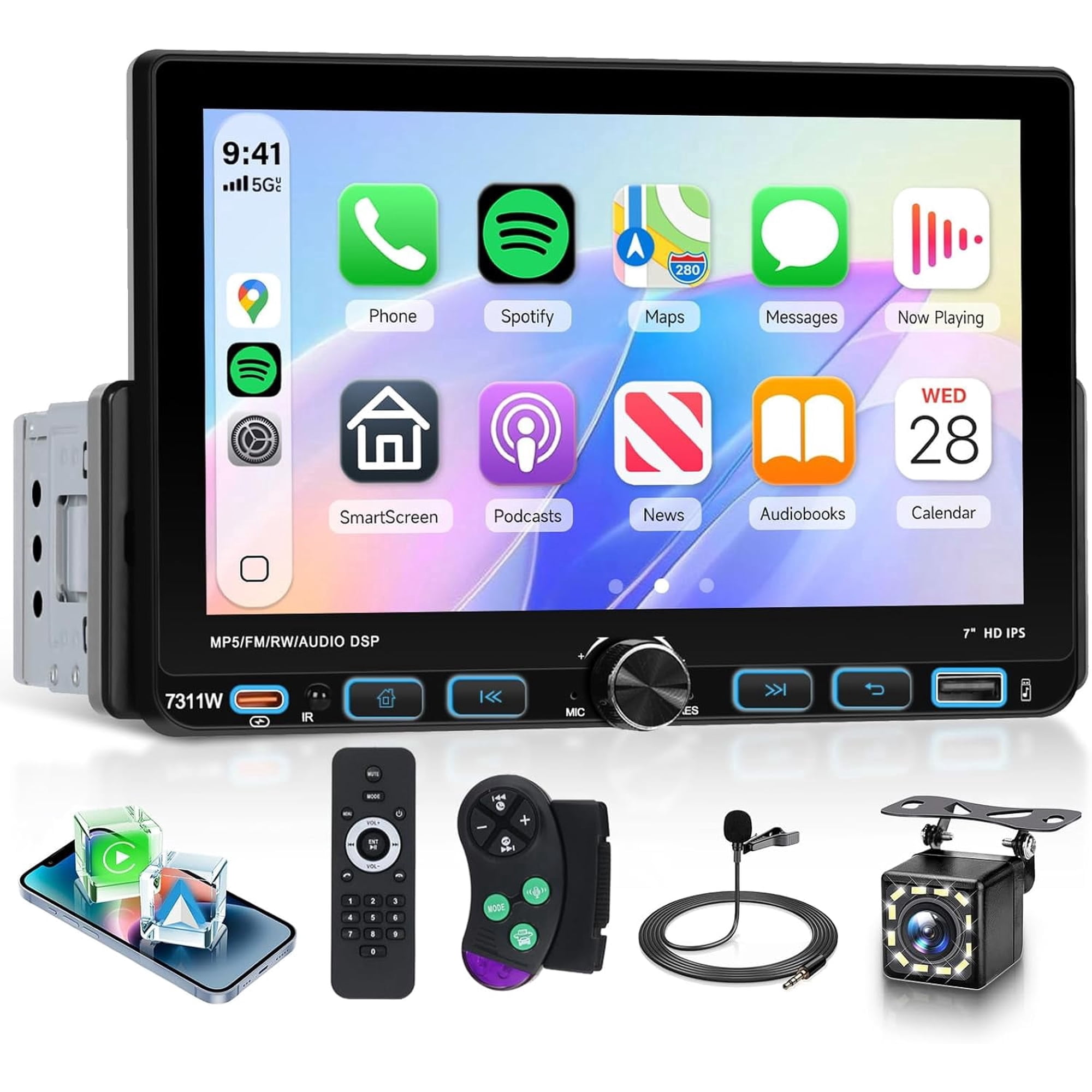 Rimoody Single Din 7 in Touch Screen Car Stereo Radio with Wireless CarPlay&Android Auto/Mirrolink+Backup Camera/Mic/SWC